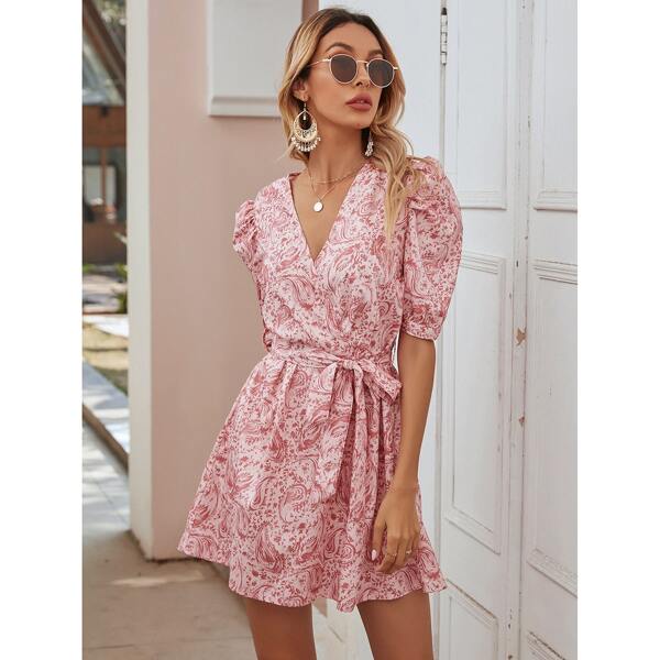 

Surplice Neck Belted Puff Sleeve Paisley Dress, Dusty pink