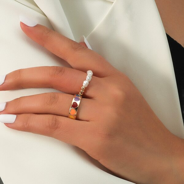 

2pcs Faux Pearl Decor Ring, Multicolor