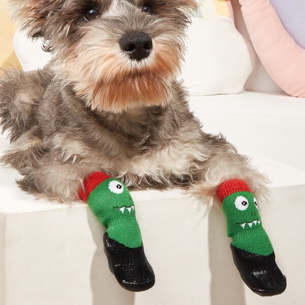 

4pcs Cartoon Graphic Pet Socks, Green