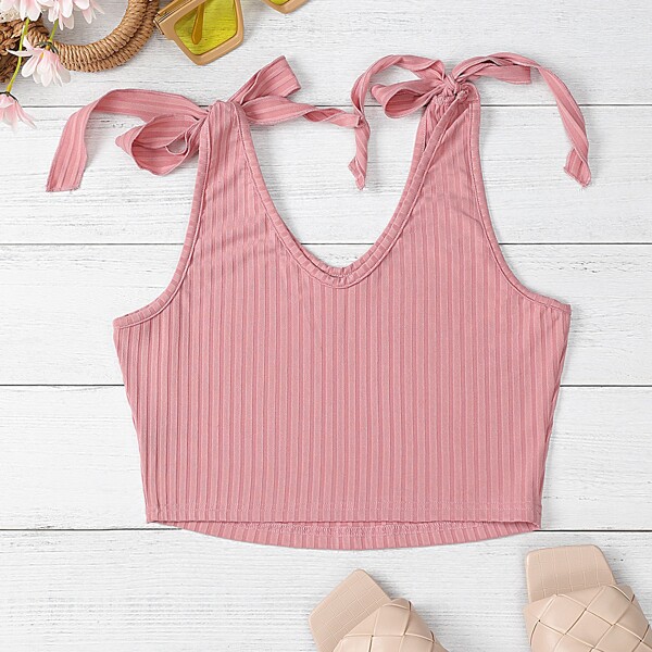 

Tie Shoulder Rib-knit Tank Top, Pastel baby pink