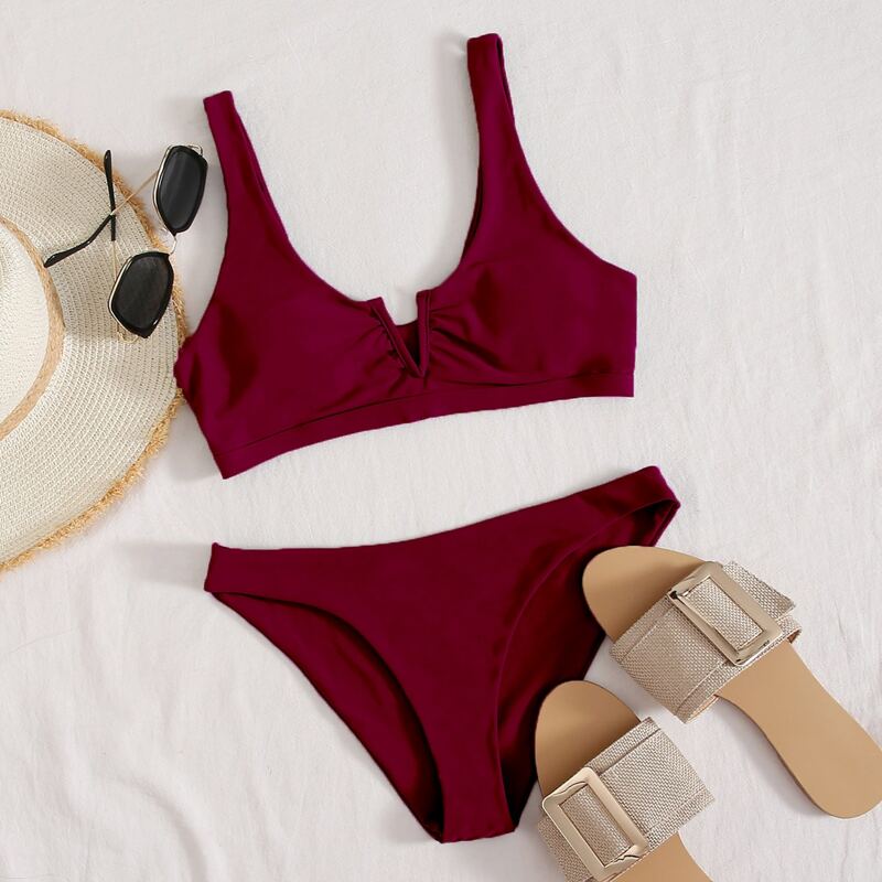 

Solid V Wired Bikini Swimsuit, Burgundy