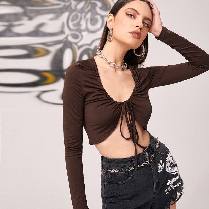 

Solid Drawstring Tie Front Crop Top, Chocolate brown