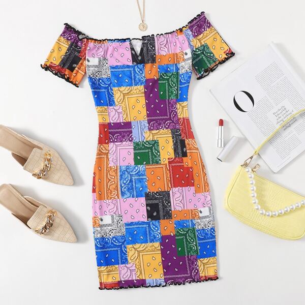 

Notch Off Shoulder Lettuce Trim Patchwork Dress, Multicolor