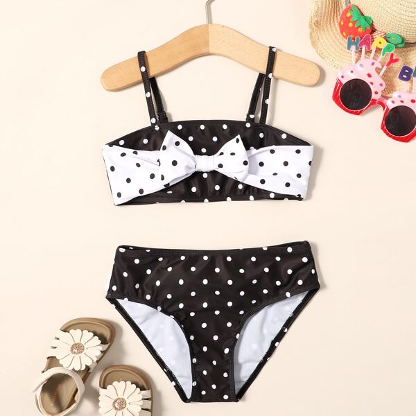 

Girls Polka Dot Bow Front Bikini Swimsuit, Black and white