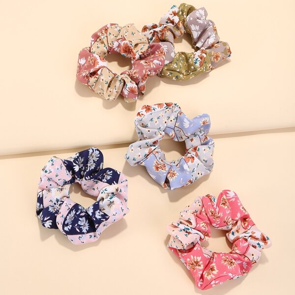 

5pcs Floral Print Pleated Scrunchie, Multicolor