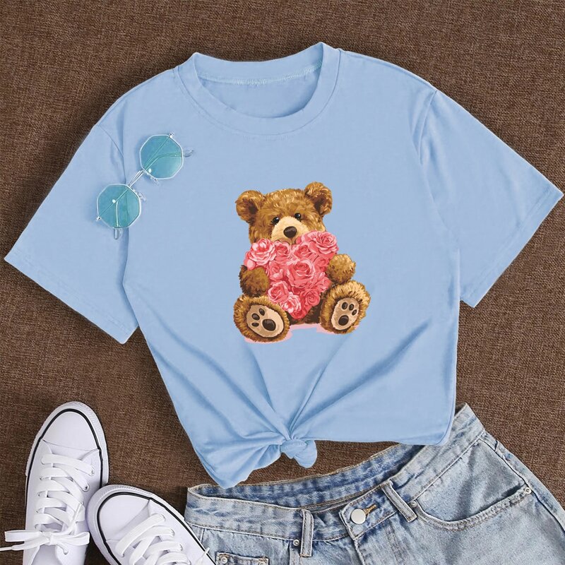 

Cartoon Bear Print Tee, Baby blue