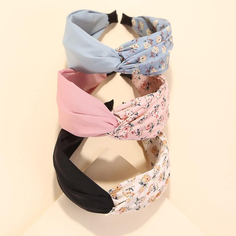 

3pcs Floral Print Twist Headband, Multicolor
