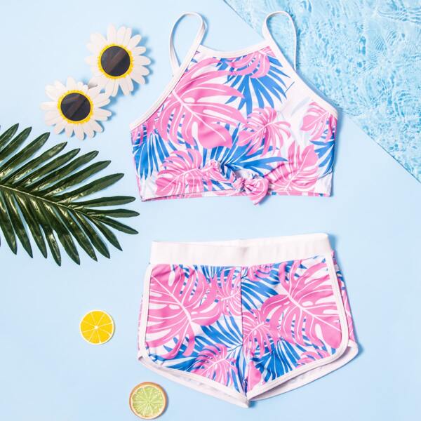 

Girls Tropical Knot Hem Shorts Bikini Swimsuit, Multicolor