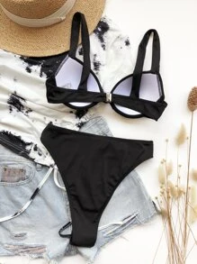 Conjunto De Bikini De Talle Alto Con Push-up Acanalado Summer Beach - Negro - Ver 2