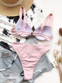 Rib Push Up High Waisted Bikini Set Summer Beach - Baby Pink - View 2