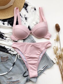 Rib Push Up High Waisted Bikini Set Summer Beach - Baby Pink - View 3