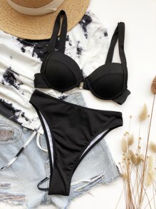 Conjunto De Bikini De Talle Alto Con Push-up Acanalado Summer Beach - Negro - Ver 3