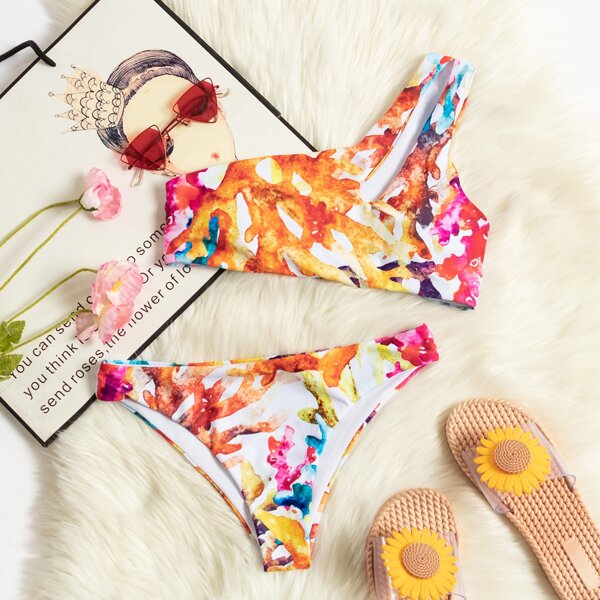 

Allover Graphic One Shoulder Bikini Swimsuit, Multicolor