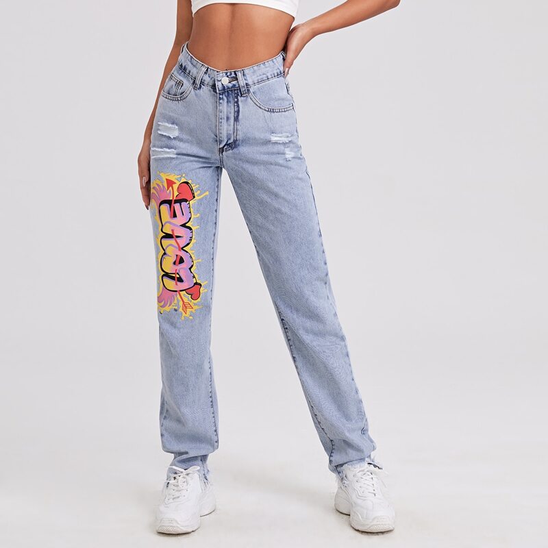 

High Waist Letter Graphic Ripped Jeans, Light wash