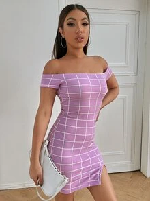 SHEIN Privé Off Shoulder Slit Hem Grid Print Bodycon Dress - Lilac Purple - View 4