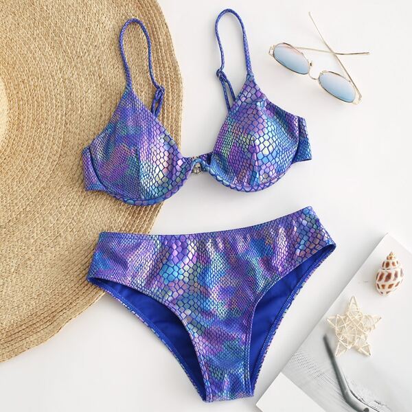 

Snakeskin Metallic Underwire Bikini Swimsuit, Blue