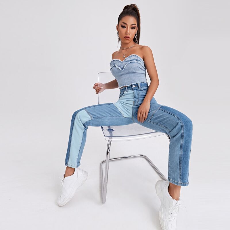 

High Waist Colorblock Jeans, Light wash