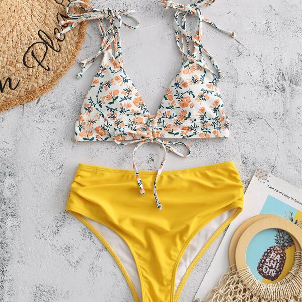 

Floral Tie Shoulder Ruched Bikini Swimsuit, Multicolor