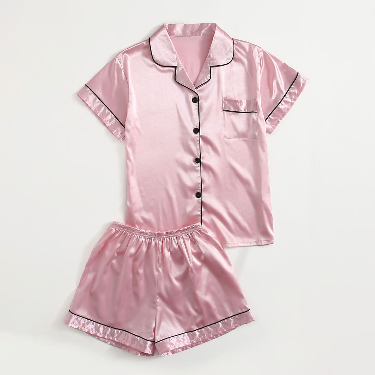 

Contrast Binding Satin PJ Set, Pink