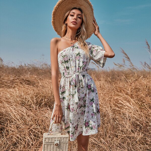 

All Over Floral Print One Shoulder Belted Dress, Multicolor