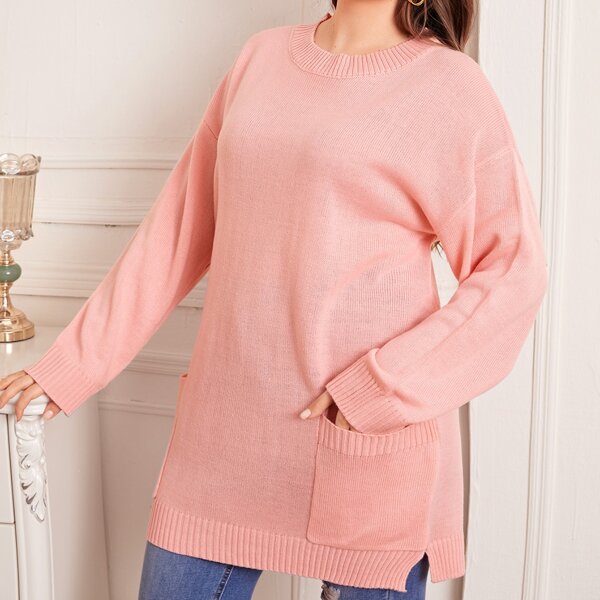 

Plus Drop Shoulder Patch Pocket Split Hem Sweater, Coral pink