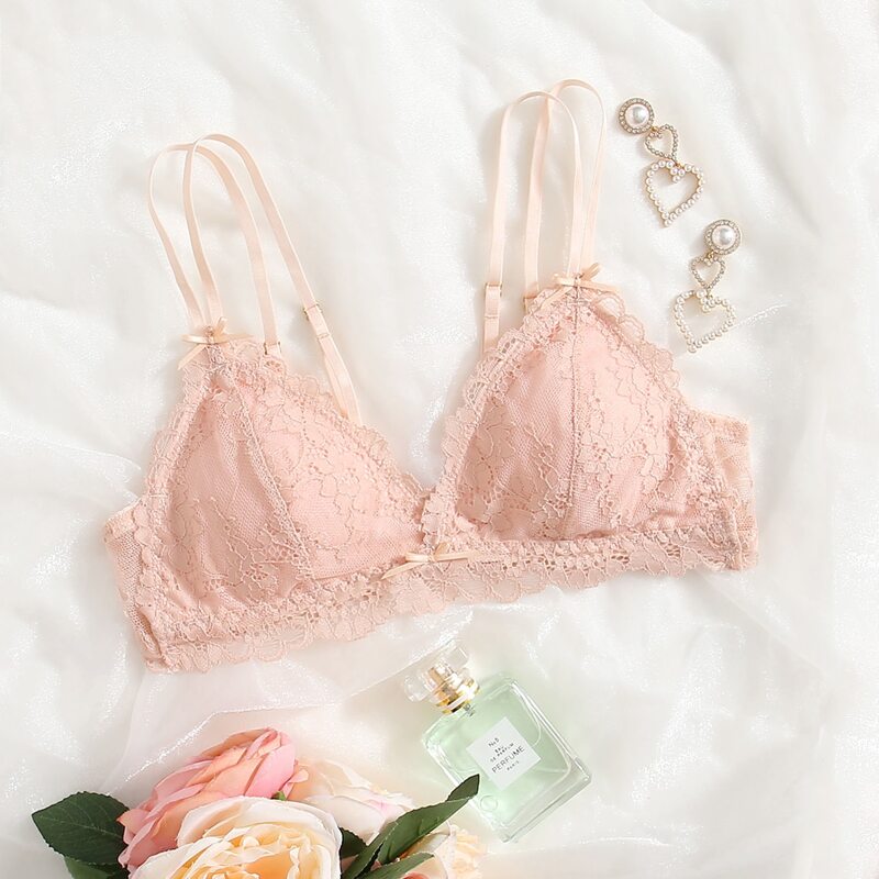 

Solid Floral Lace Bra, Coral pink
