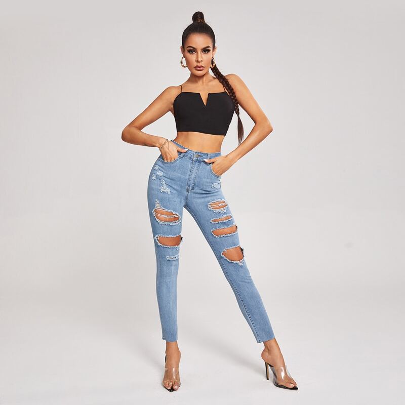 

High Waist Ripped Skinny Jeans, Light wash