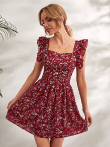 SHEIN VCAY 方形領荷葉邊花卉連衣裙 - 酒紅色 - 查看 2