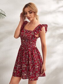 SHEIN VCAY 方形領荷葉邊花卉連衣裙 - 酒紅色 - 查看 4