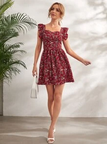 SHEIN VCAY 方形領荷葉邊花卉連衣裙 - 酒紅色 - 查看 5