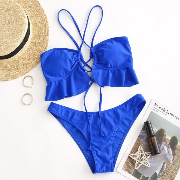 

Ruffle Trim High Cut Bikini Swimsuit, Royal blue