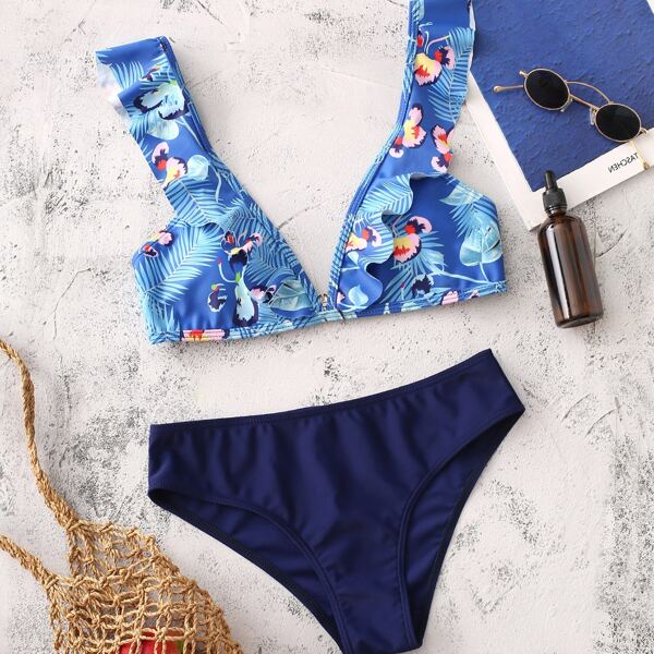 

Tropical Ruffle Trim Bikini Swimsuit, Multicolor