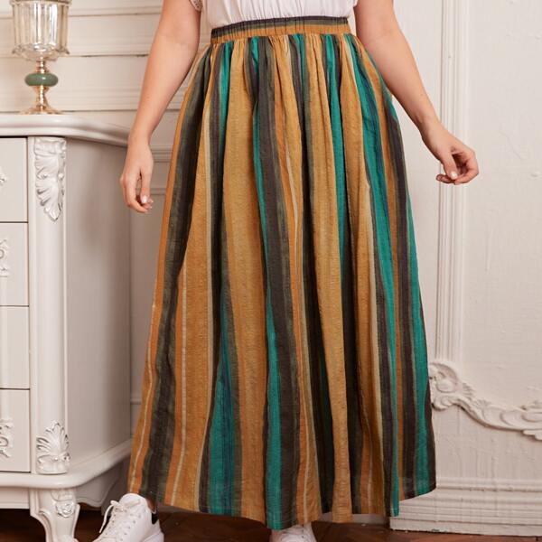 

Plus Elastic Waist Striped Colorblock Skirt, Multicolor
