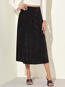 SHEIN Falda de terciopelo con fruncido - Negro - Ver 1