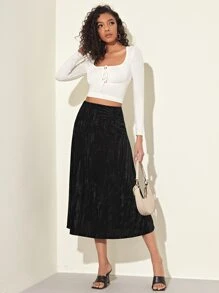 SHEIN Falda de terciopelo con fruncido - Negro - Ver 4