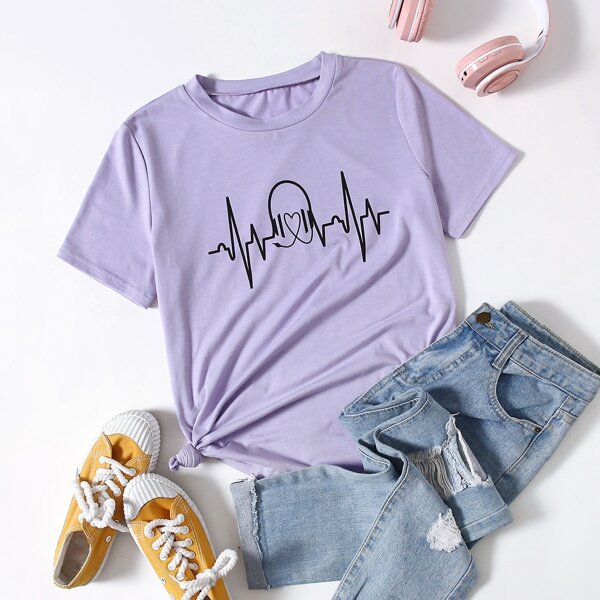 

Graphic Print Round Neck Tee, Lilac purple
