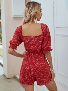 Polka Dot Print Shirred Romper - Red - View 2