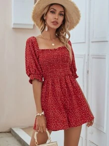 Polka Dot Print Shirred Romper - Red - View 4