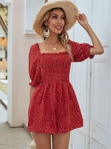 Polka Dot Print Shirred Romper - Red - View 5