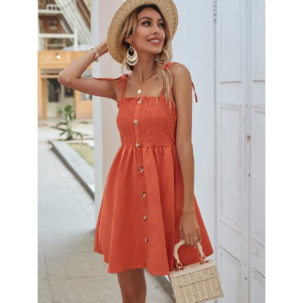 

Knot Shoulder Shirred Cami Dress, Orange
