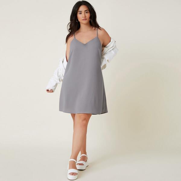 

Plus Double V-neck Solid Slip Dress, Grey