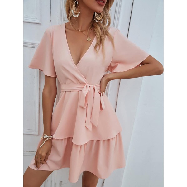 

Layered Hem Belted Dress, Pastel baby pink