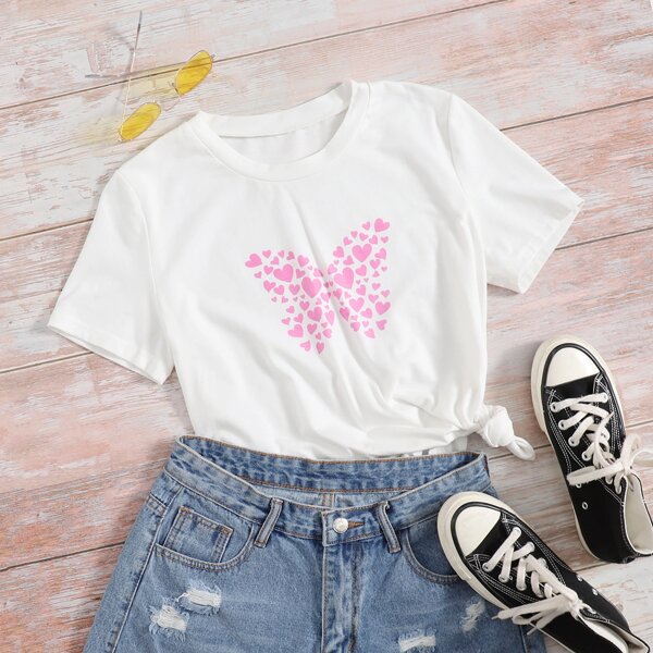 

Heart Print Butterfly Detail Tee, White