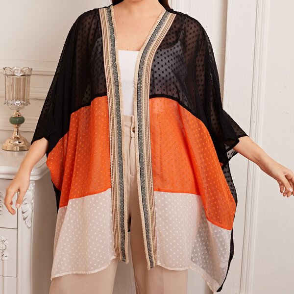 

Plus Open Front Tape Detail Colorblock Swiss Dot Chiffon Kimono, Multicolor