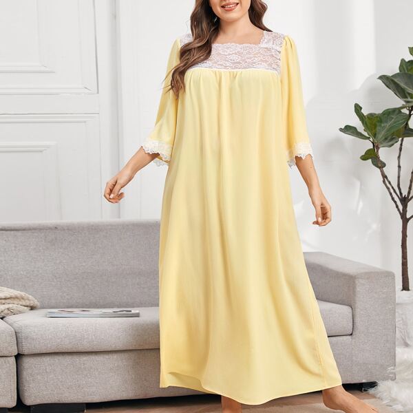 

Plus Contrast Lace Detail Nightdress, Yellow