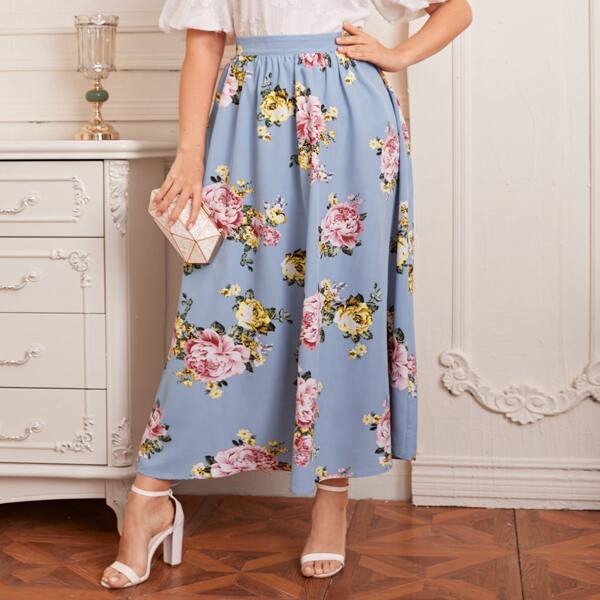 

Plus Zipper Back Floral Print Skirt, Baby blue