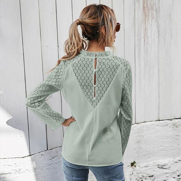 

Solid Contrast Lace Frill Neck Blouse, Mint green