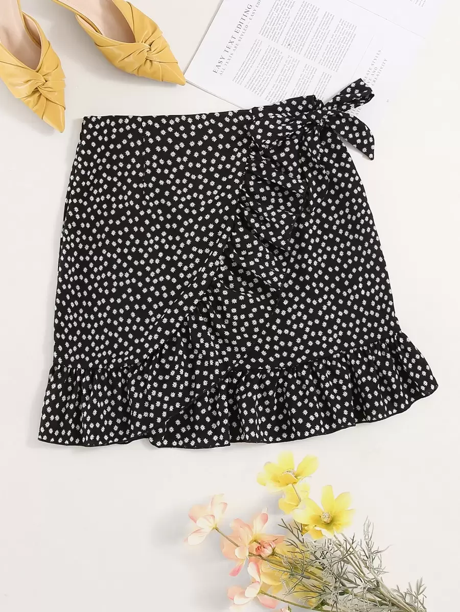 SHEIN Holidaya Ditsy Floral Tie Side Wrap Skirt - Black - View 1