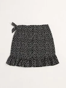 SHEIN Holidaya Ditsy Floral Tie Side Wrap Skirt - Black - View 2