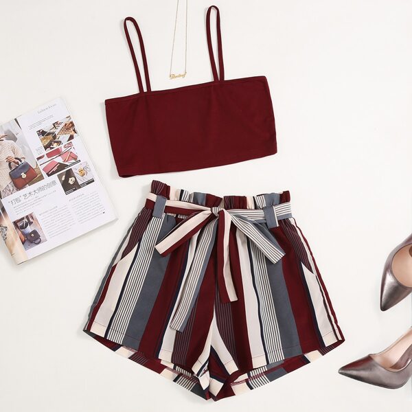 

Cami Top & Striped Paper Bag Waist Belted Shorts, Multicolor